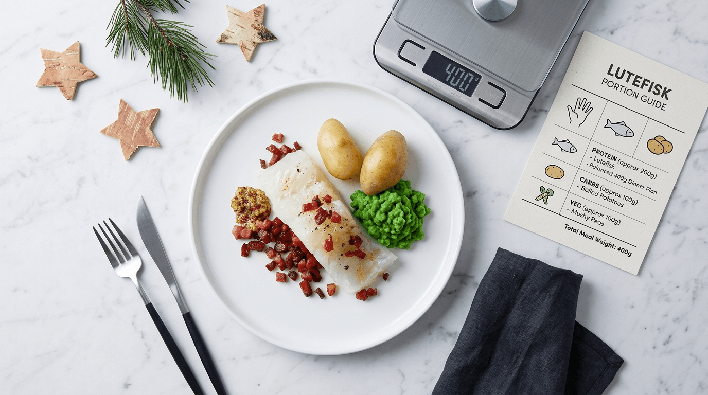 Dekket bord til lutefiskmiddag med tilbehør