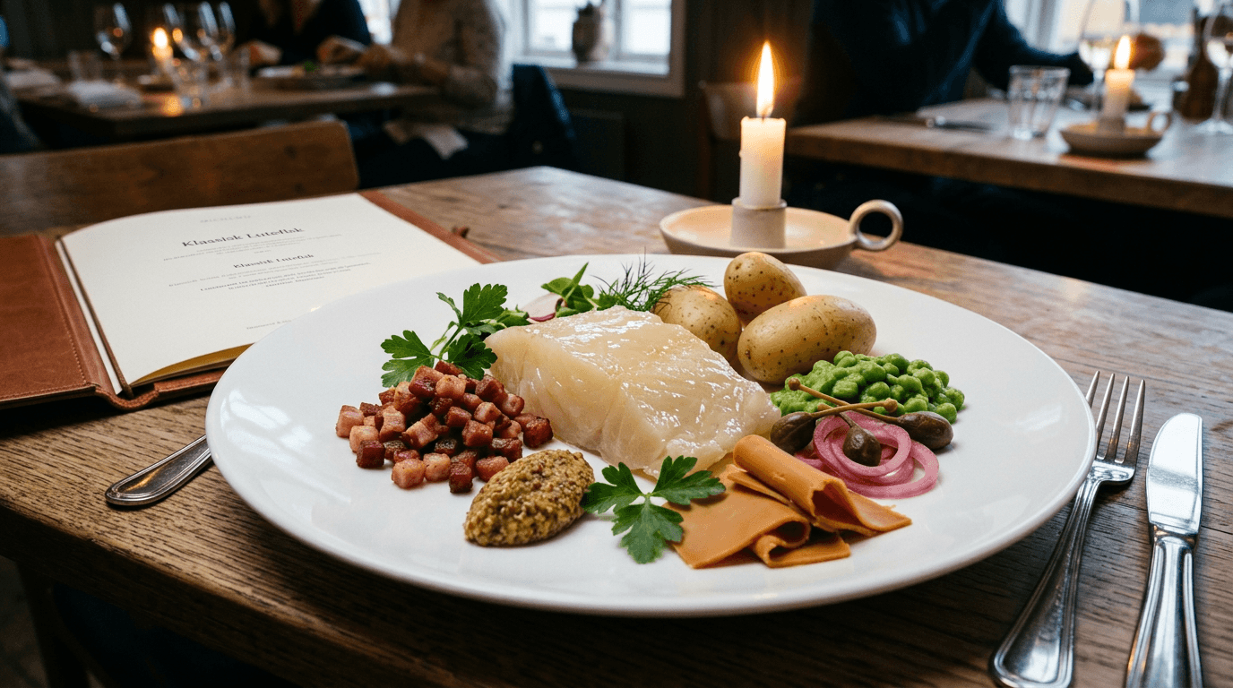 Klassisk lutefisk anrettet med bacon, grønn ertestuing, mandelpoteter, dijon-sennep, brunost, kapers og syltet rødløk på hvit tallerken i restaurant