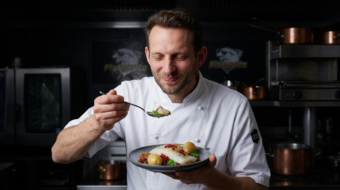 Nicolai Radmer Nielsen, kokk hos Fiskeruta, smaker ferdig tilberedt lutefisk med bacon, ertestuing og mandelpoteter