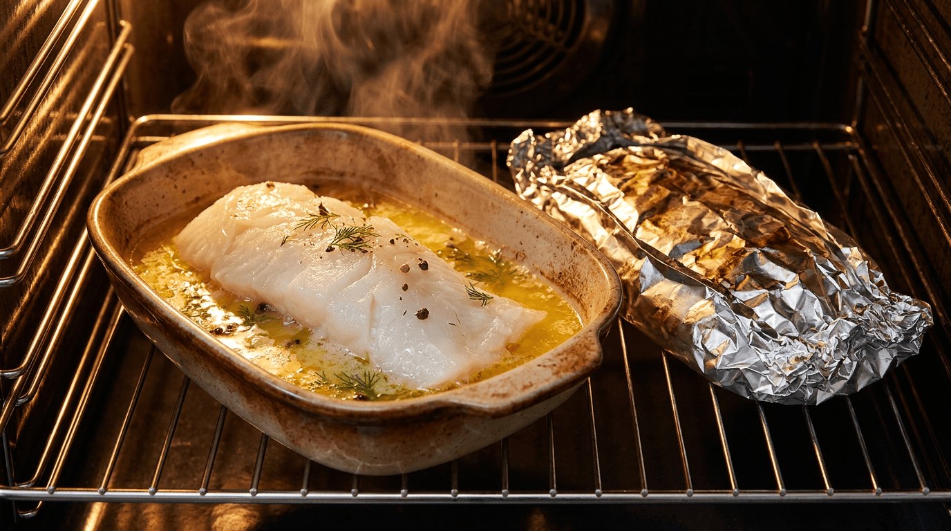 Lutefisk stekt med folie og uten folie, side om side