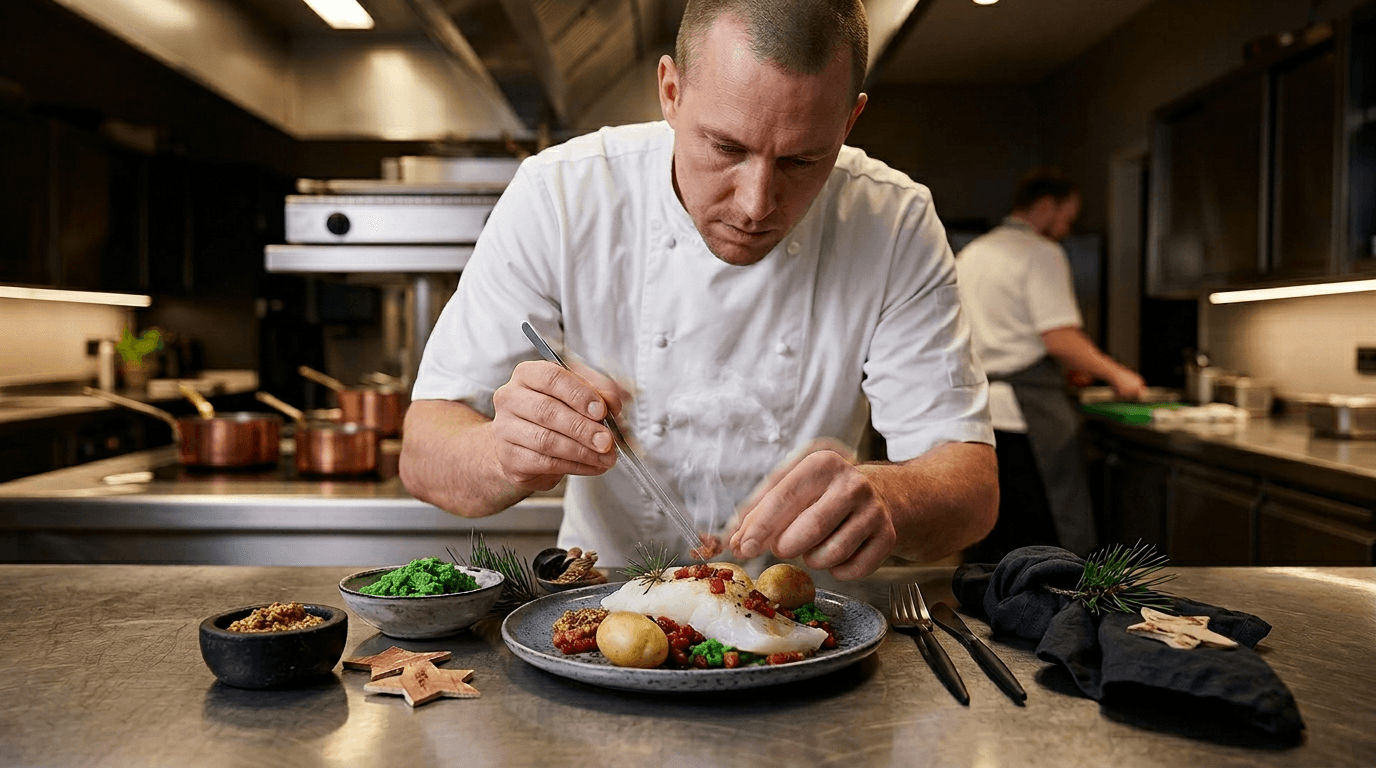 Kokt lutefisk anrettet på tallerken med bacon og ertestuing
