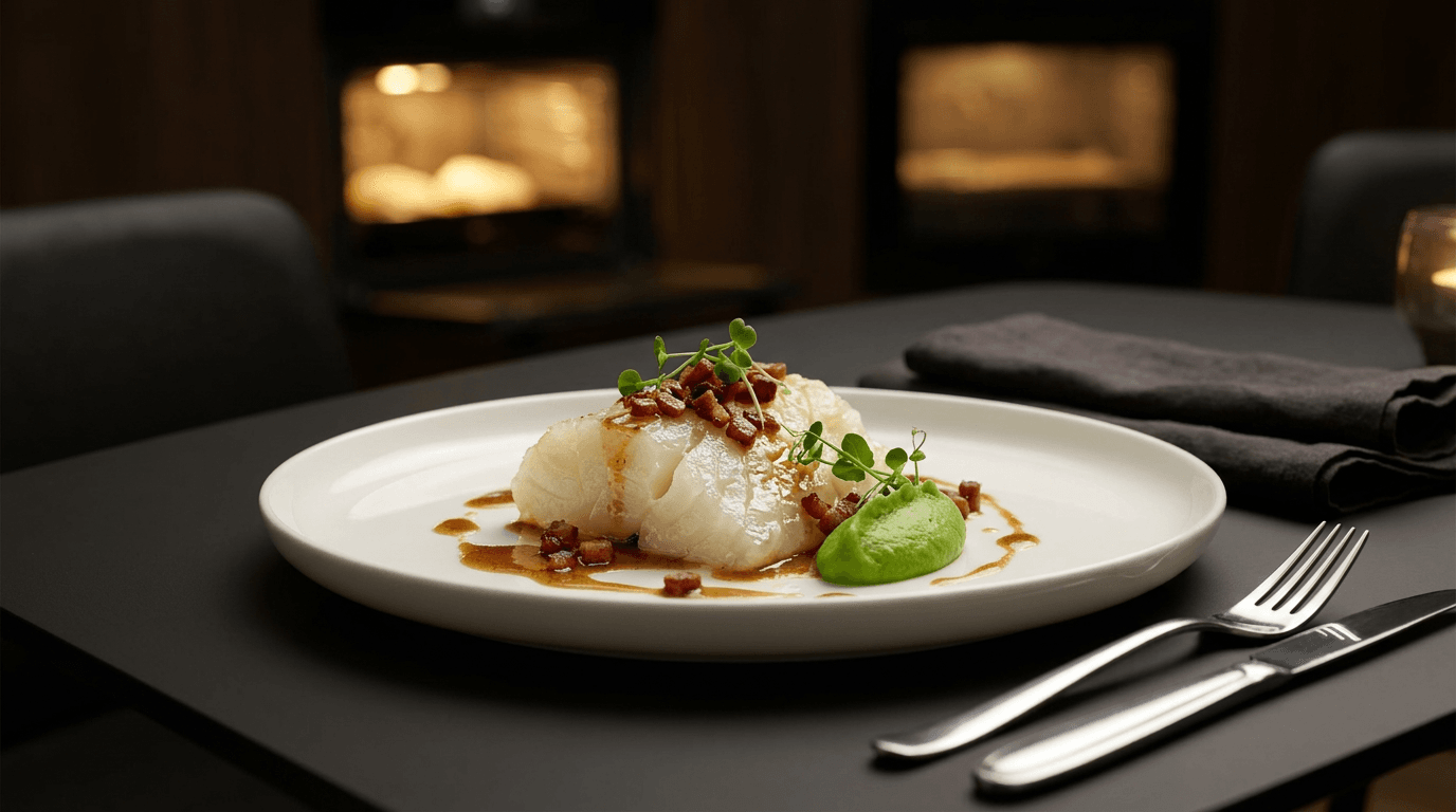 Premium anrettet lutefiskporsjon på hvit tallerken med bacon, ertestuing-quenelle og microgreens, restaurantstil