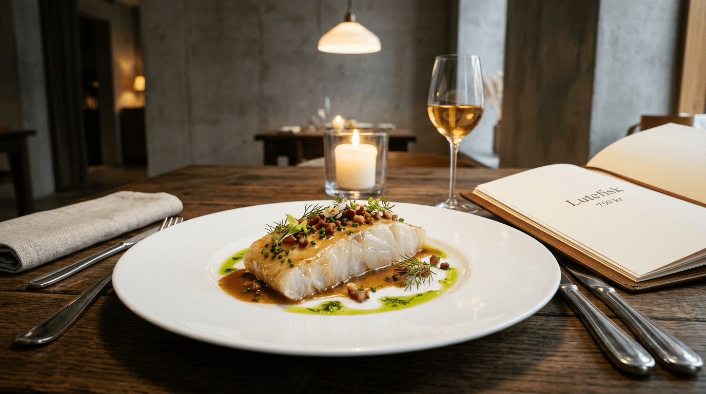 Lutefisk anrettet på restauranttallerken med bacon og ertestuing