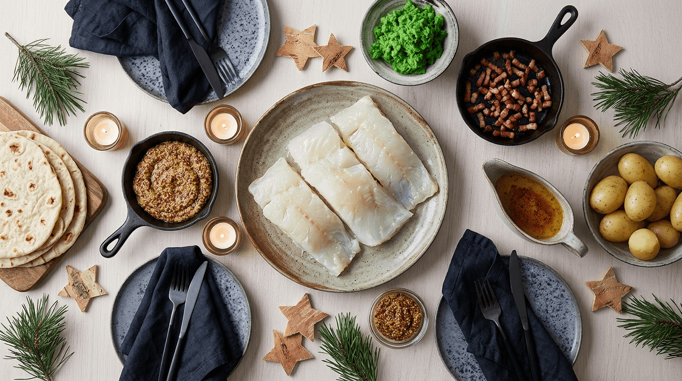 Lutefisk med bacon, ertestuing og sennep